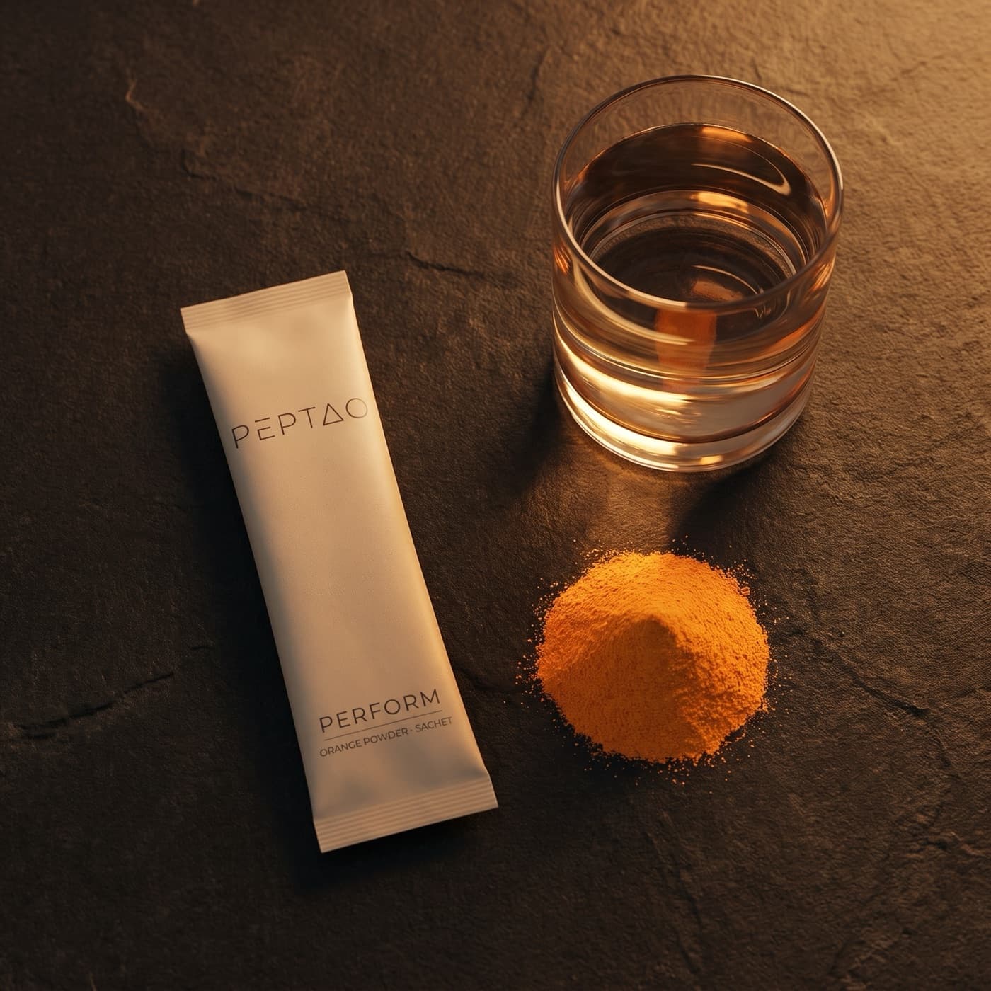 Perform sachet with orange powder and a glass of water