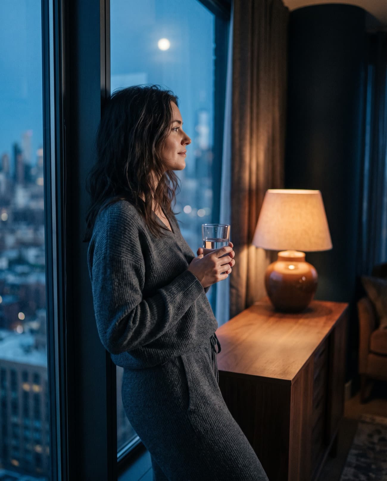 A person by a window at night, calm, holding a glass of water